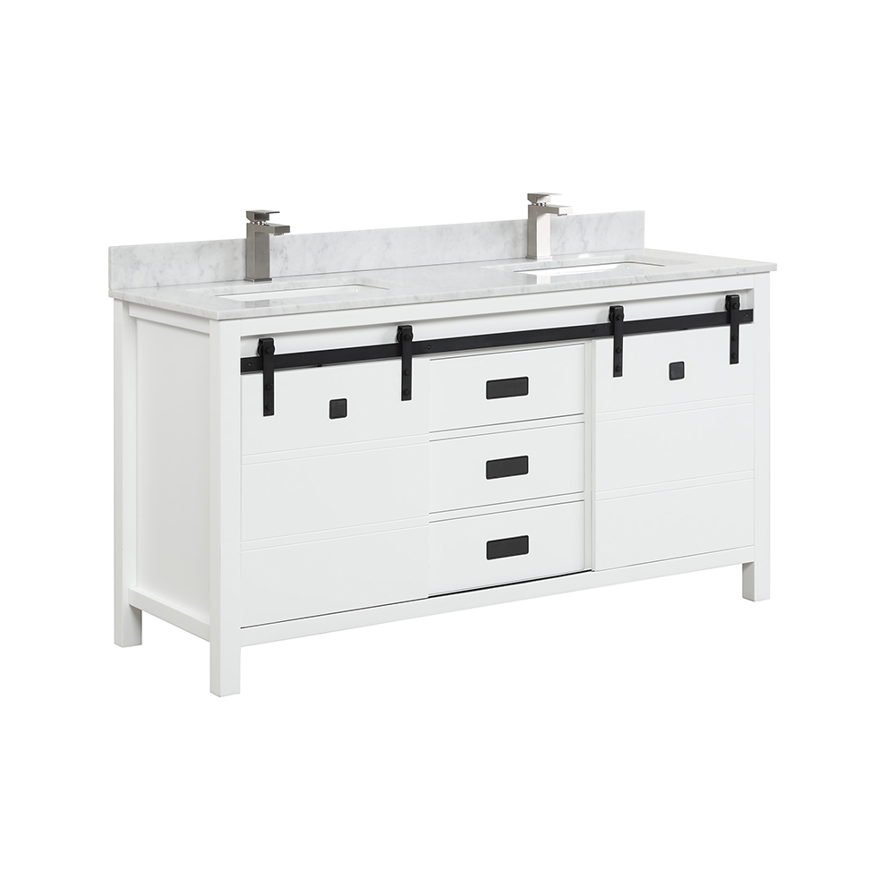 Solid wood cabinet 60 inch white color double sinks bathroom vanity with carrara marble top