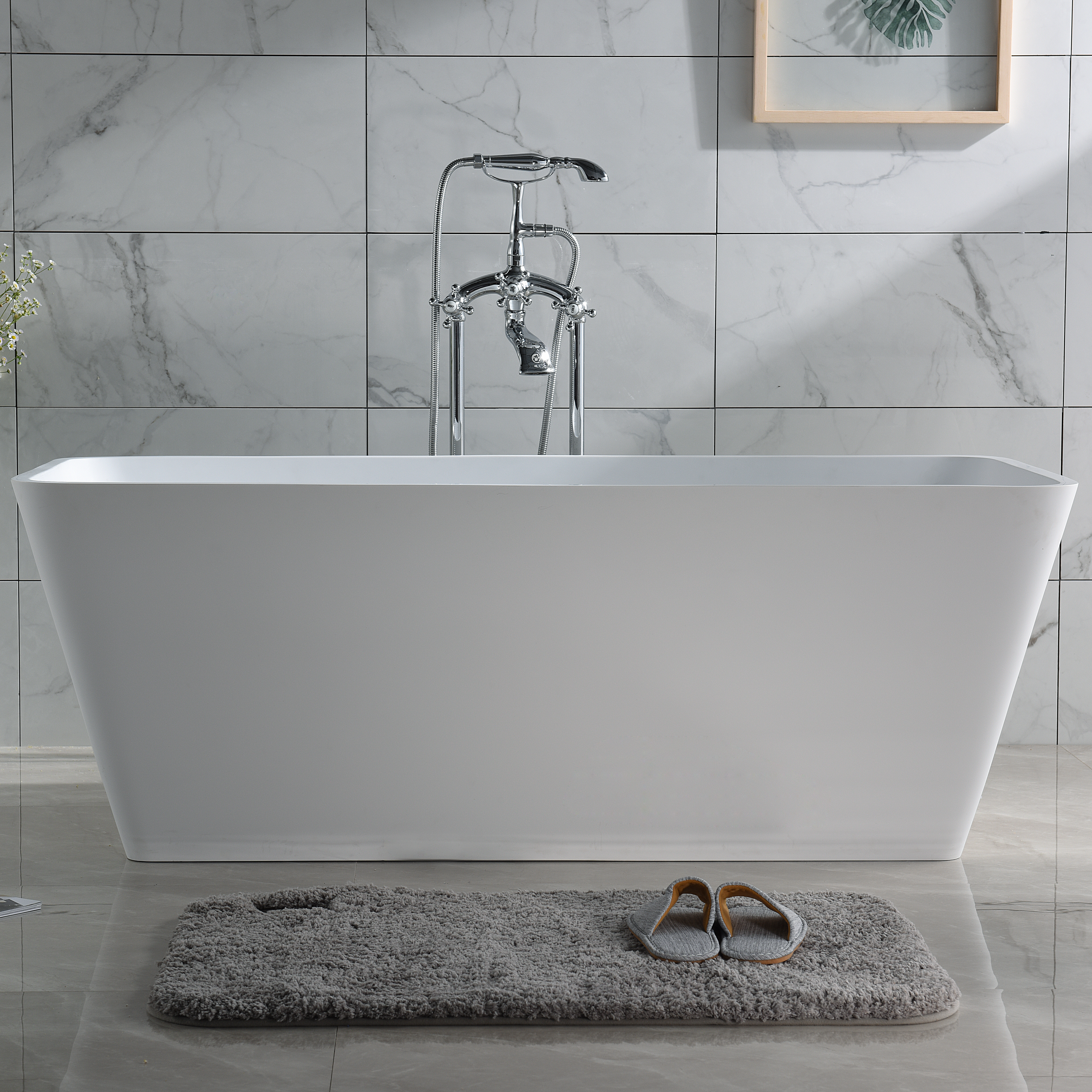 Square shape solid surface free standing matt white bathroom bathtub